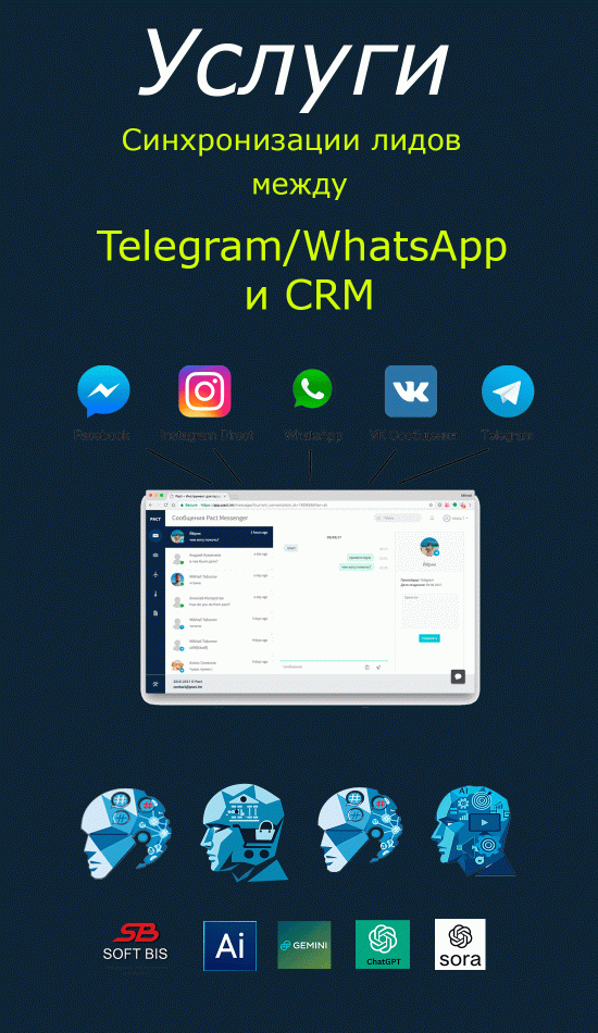 Послуги Синхронізації лідів між Telegram/WhatsApp та CRM (HubSpot, Pipedrive) вартість